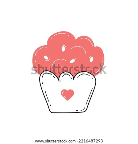 Hand drawn cupcake isolated. Cute hand drawn muffin with heart. Flat style. Line art. Vector sketch illustration icon doodle. Design element, bakery, cafe, baking. Clothing print