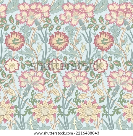 Floral seamless pattern with flowers on light blue background. Vector illustration. Royalty-Free Stock Photo #2216488043