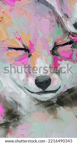 Oil fox portrait painting in multicolored tones. Conceptual abstract painting of a fennec muzzle. Closeup of a painting by oil and palette knife on canvas. 
