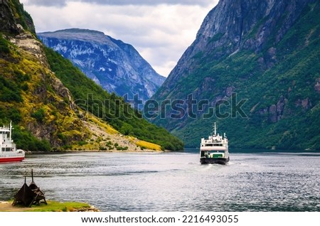 Panoramic  view of Sognefjord, one of the most beautiful fjords in Norway Royalty-Free Stock Photo #2216493055