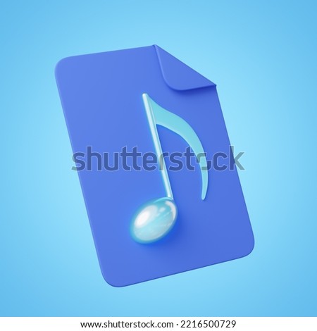 3d Music file icon. Document song with note melody floating isolated on blue background. File icon on computer, web browser, smartphone. Cartoon icon minimal smooth. 3d rendering with clipping path.
