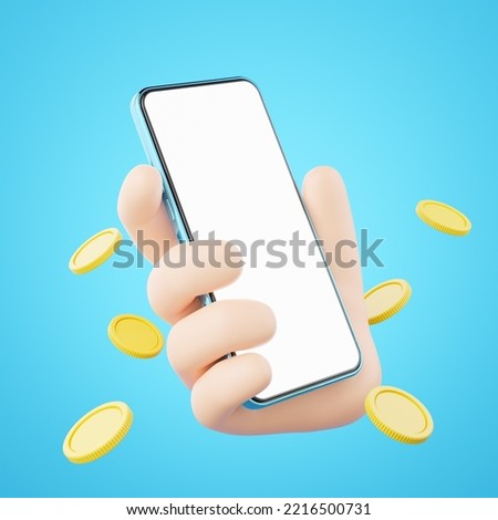 3D human hand holding mobile phone icon. Man hold smartphone blank white screen with gold coin spread floating isolated. Mockup space for display application. Business cartoon style. 3d icon render.