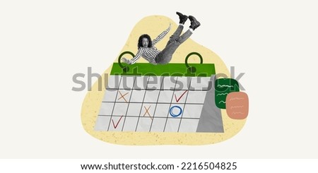Contemporary art collage. Creative design. Emotive woman, employee sitting on calendar with done and cancelled work. Deadlines, business communication. Concept of business, planning, time management