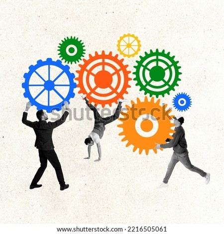 Contemporary art collage. Creative design. Group of young people, employees working together with business gears symbolizing well-coordinated teamwork. Concept of career, growth, success