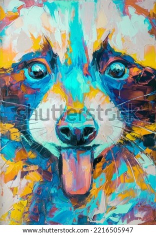 Oil raccoon portrait painting in multicolored tones. Conceptual abstract painting of a raccoon. Closeup of a painting by oil and palette knife canvas.