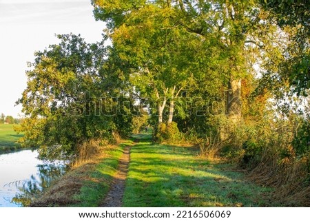 Landscape Bedelaarsbos in the Dutch municipality of Alphen aan den Rijn at sunrise with a separating quay and shell path the Veen Weide area in the Groene Hart of the province of Zuid Holland