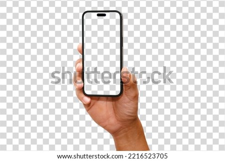 Hand holding the black smartphone blank screen and modern frameless design, hold Mobile phone on transparent background Ideal for marketing 