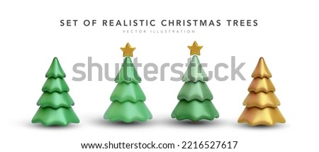 Set of 3d realistic Christmas tree with shadow isolated on white background. Vector illustration