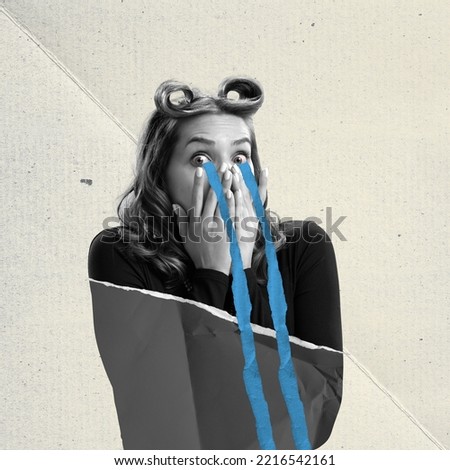 Young surprised woman feeling sadness. Autumn tears. Contemporary art collage. Conceptual image. Concept of retro style design, inner world, psychology problems, human emotions and feelings, longing