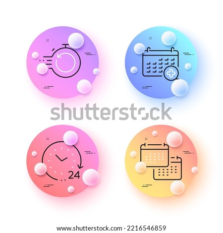 Calendar, Fast recovery and 24 hours minimal line icons. 3d spheres or balls buttons. Medical calendar icons. For web, application, printing. Schedule planner, Backup timer, Time. Vector