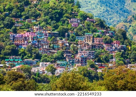 Kullu town aerial panoramic landscape, Kullu valley in Himachal Pradesh state in India Royalty-Free Stock Photo #2216549233
