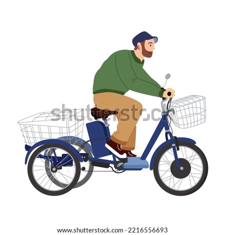 Man on the tricycle with basket. Vector flat design illustration. Activity and healthy lifestyle concept. Delivered of packages by cycling courier tricycle cargo designed and constructed specifically