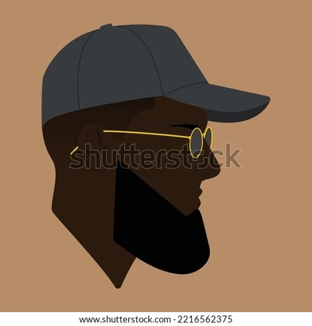 Silhouette. Face. Black guy with glasses. Male head in glasses on pink background. Man head silhouette. Man Flat colored illustration. Bearded man. Stylish guy. The head of a guy in a baseball cap.
