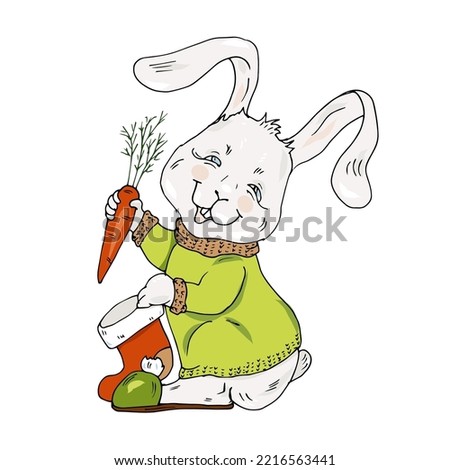 Cute little rabbit in a green sweater puts a gift in a Christmas sock, vector illustration