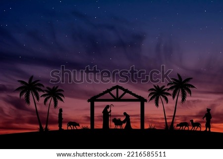 Christmas Nativity Scene in the desert landscape at evening