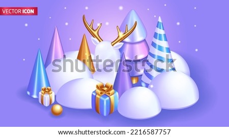Realistic 3D Isometric illustration. Christmas card with New Year decorations. Christmas trees, gifts and a white deer with golden horns. Merry Christmas 2023. Vector for web Design