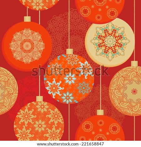 Seamless christmas pattern with christmas decorative  balls, baubles on red background