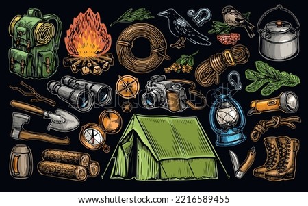 Summer camp collection. Camping equipment set. Active holidays or local tourism concept. Vector illustration