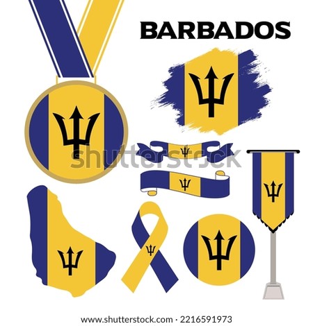 Elements Collection With The Flag of Barbados Design Template. Barbados Flag, Ribbons, Medal, Map, Grunge Texture and Button. Vector Illustration