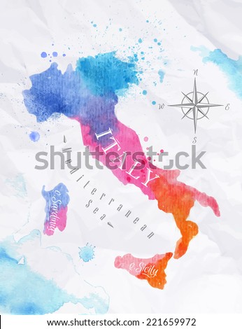 Watercolor map of Italy in pink and blue colors on a background of crumpled paper