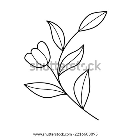 Doodle line art branch with leaves and flowers. Hand drawn twig plant, monochrome linear garden floral elements. Vintage botanical natural illustrations in outline style.