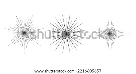 Dotted grain star with beams set. Black stippled ray sparkle and flare collection. Various noise textured asterisks. Different halftone dot work stellar forms and burst explosion. Vector sparks.  Royalty-Free Stock Photo #2216605657