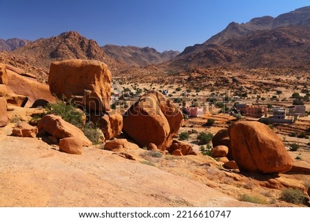 Anti-Atlas mountains in Tafraout, Morocco. Red rock desert landscape. Royalty-Free Stock Photo #2216610747