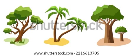 
Green trees on a white background. Palms, baobabs, mangrove trees.