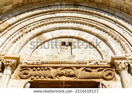 Exterior of the Collegiata di San Quirico a San Giulietta church in San Quirico d'Orcia, Tuscany, Italy, Europe Royalty-Free Stock Photo #2216618127