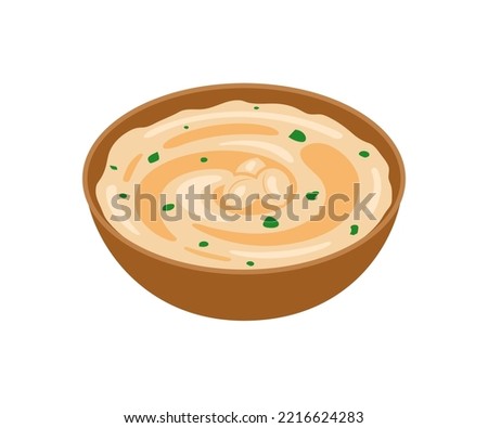 Chickpeas hummus, sauce puree food in bowl. Traditional Arabic food. Vegetarian vegan protein meal. Cream puree from bean. Vector illustration Royalty-Free Stock Photo #2216624283