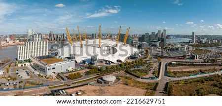 Aerial view of the Millennium dome in London. Panoramic photo of O2 arena, London. Royalty-Free Stock Photo #2216629751