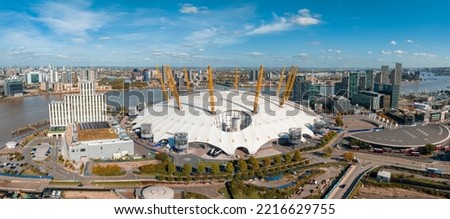 Aerial view of the Millennium dome in London. Panoramic photo of O2 arena, London. Royalty-Free Stock Photo #2216629755