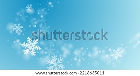 Magical heavy snow flakes backdrop. Snowstorm speck ice particles. Snowfall sky white teal blue wallpaper. Rime snowflakes february vector. Snow hurricane landscape. Royalty-Free Stock Photo #2216635011