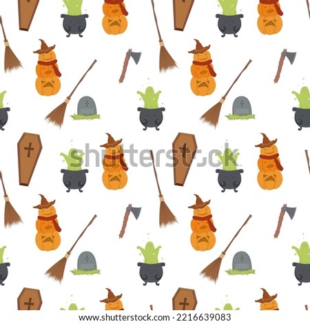 Seamless vector pattern of pumpkin snowman, axe, grave, coffin and ghost in witch's cauldron. Autumn pattern for halloween decor. Illustration on a white background for print, decoration, web, sites, 