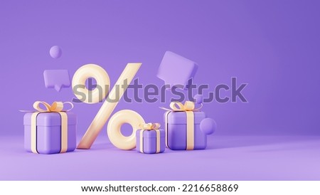 3d rendering of promotion sale with gift boxes , social media heart and percent on minimal purple background.