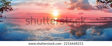 Beautiful sea sunset landscape, ocean sunrise, tropical island beach nature, red pink sky clouds, sun glow reflection, blue water, dawn seascape, summer holidays, vacation, travel, Thailand, Koh Samui Royalty-Free Stock Photo #2216668251