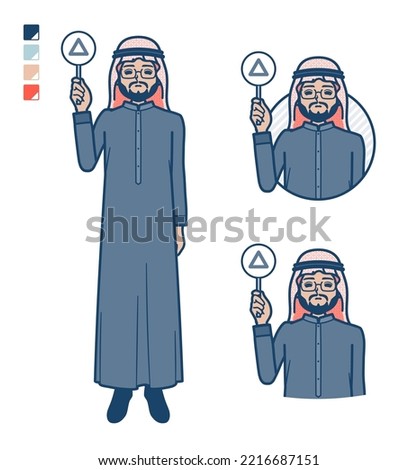 A arabian middle man in Black costume with Put out a Triangle panel images.It's vector art so it's easy to edit.