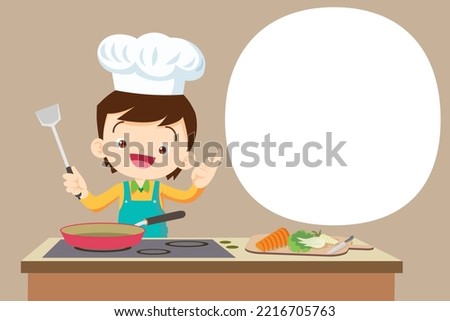 Cute Boy little chef present cooking in the kitchen with speech bubble