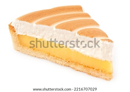 Single piece of lemon tart with meringue topping isolated on white.