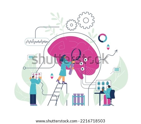 Study of human brain medical concept with scientists studying brain. Scientific research and psychology banner, flat vector illustration isolated on white background.