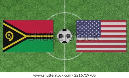 Football Match, Vanuatu vs USA, Flags of countries with a soccer ball on the football field