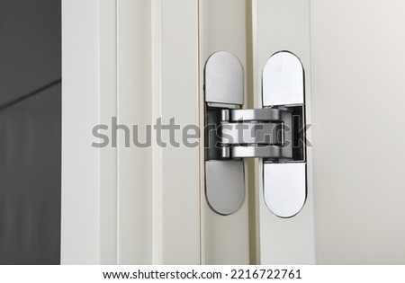 New modern metal door hinges hidden on white wooden doors. Royalty-Free Stock Photo #2216722761