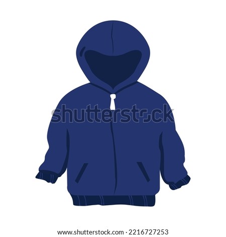 Boys hooded coats and jackets.  Kids blue hooded jacket. Cotton rich zip through hoodie for winter, hoodie with zipper closure, Flat vector illustration isolated on white background.