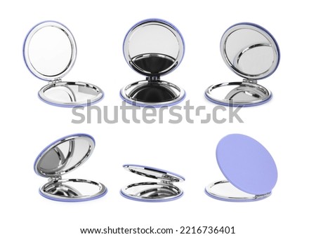 Set with stylish cosmetic pocket mirrors on white background Royalty-Free Stock Photo #2216736401