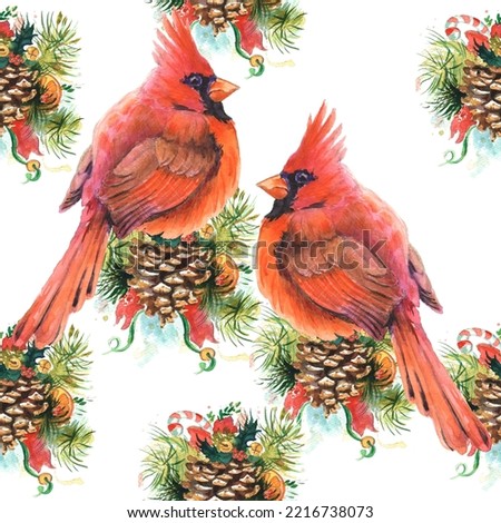 Watercolor illustration. Cardinal birds - a symbol of Christmas. Realistic sketch drawing. Print for greeting card, wallpaper, fabric, wrapping paper, banner. Seamless Pattern.