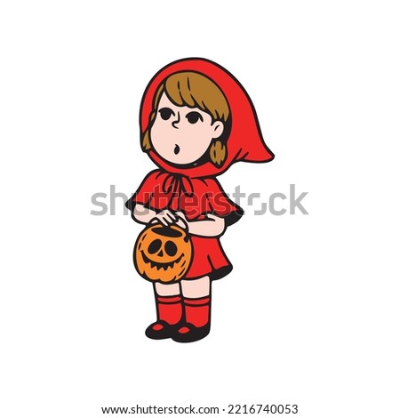 Girl in Little Red Riding Hood costume with Halloween Pumpkin on Halloween Party. Suitable vector for design and illustration in Halloween Event