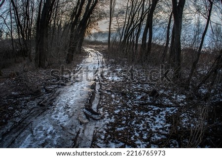 Icy country road. A furrow from the wheels of a car. Clouds in the sunset evening sky.