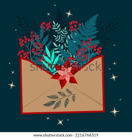 Merry Christmas and a happy new year. Card with with envelope, christmas plants. Winter holidays design elements for background, banners or posters. Vector illustration