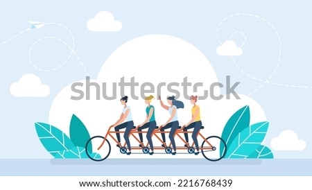 Business people group riding on tandem bicycle pushing pedals with coordination. Only women. Successful businessmen collective teamwork and cooperation concept. Female friendship. Vector illustration