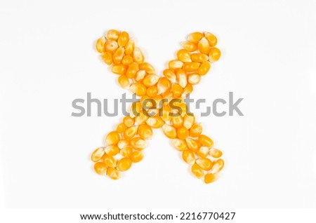 Letter X of the English alphabet from dry popcorn seeds on white background.